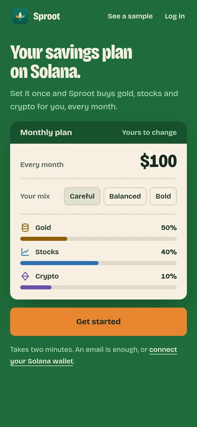 The Sproot landing page and plan screen on two phones